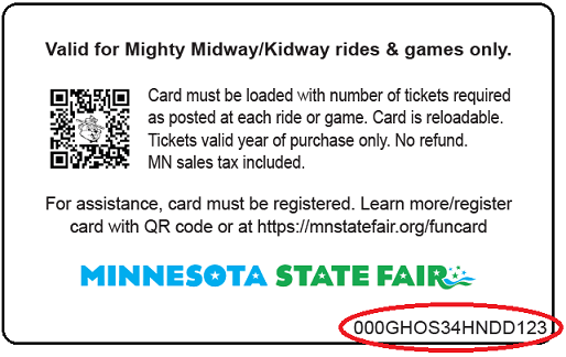 Image of a Mighty Midway & Kidway Fun Card with registration number highlighted in the bottom right corner.