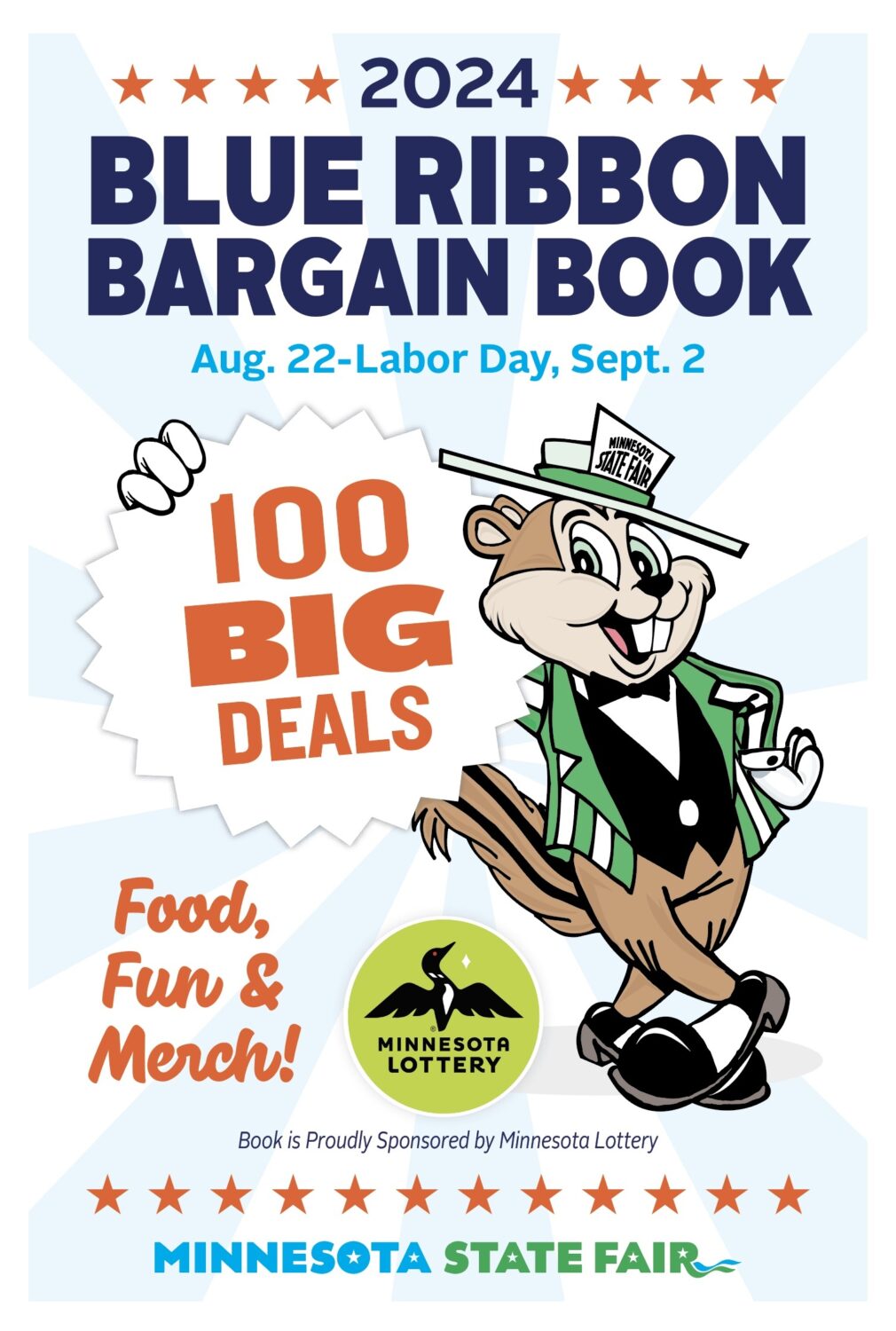 2024 Blue Ribbon Bargain Book Cover, complete with 100 coupons. Cover features State Fair mascot, Fairchild, holding a sign that says "100 big deals"